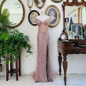 Blush Pink Sequin Evening Gown with Thigh Slit